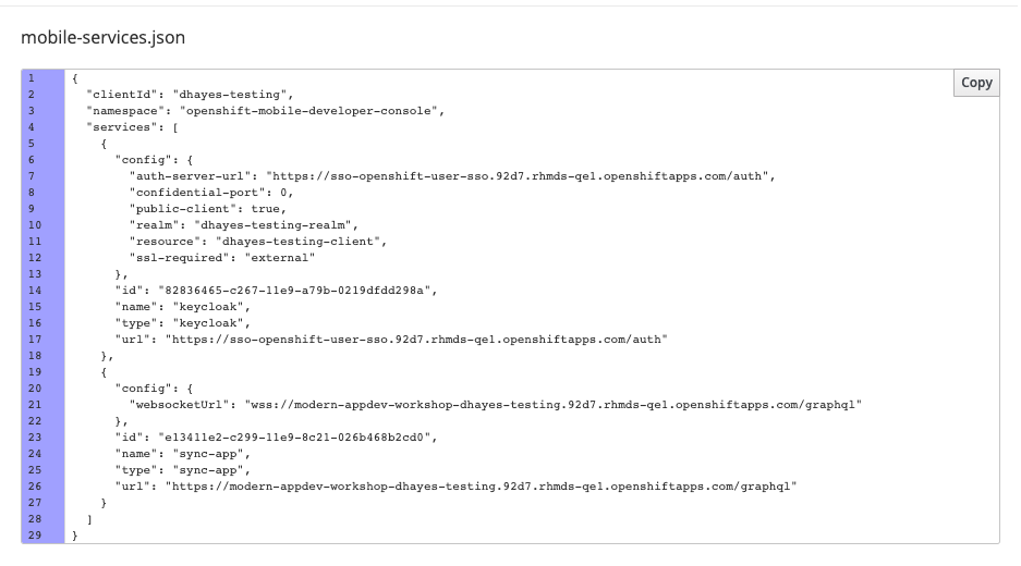 mobile-services.json with sync and keycloak config